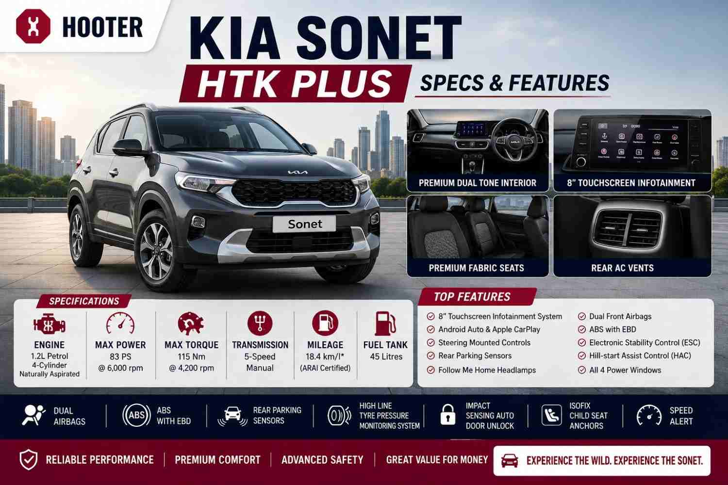 Kia Sonet HTK Plus Specs & Features: The Complete Buyer's Guide | Hooter Kia Sonet HTK Plus Specs & Features: The Complete Buyer's Guide | Hooter